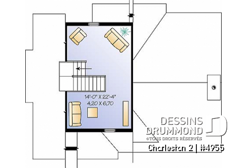 Étage - Plan de chalet de ski avec planchers inversés: chambre des maîtres et espaces communs à l'étage - Charleston 2