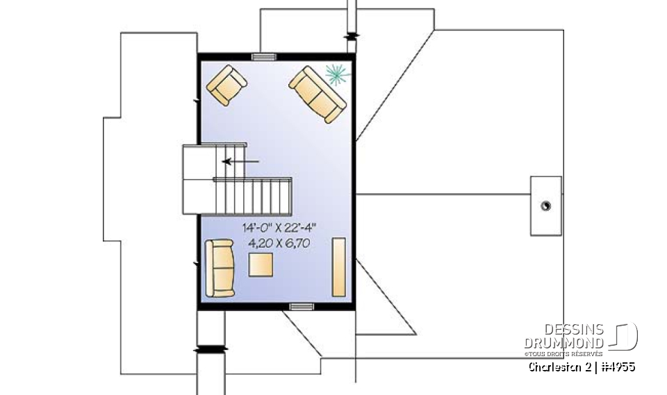 Étage - Plan de chalet de ski avec planchers inversés: chambre des maîtres et espaces communs à l'étage - Charleston 2