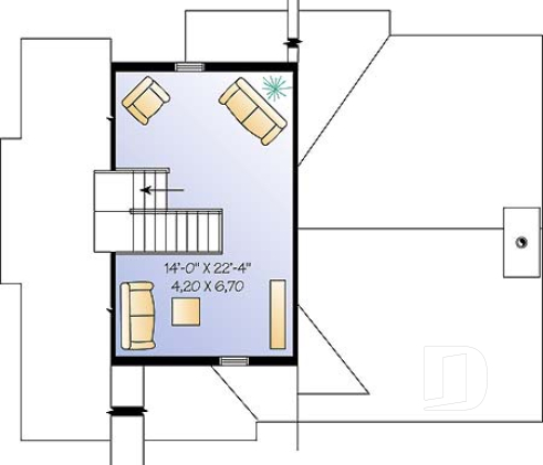 Étage - Plan de chalet de ski avec planchers inversés: chambre des maîtres et espaces communs à l'étage - Charleston 2