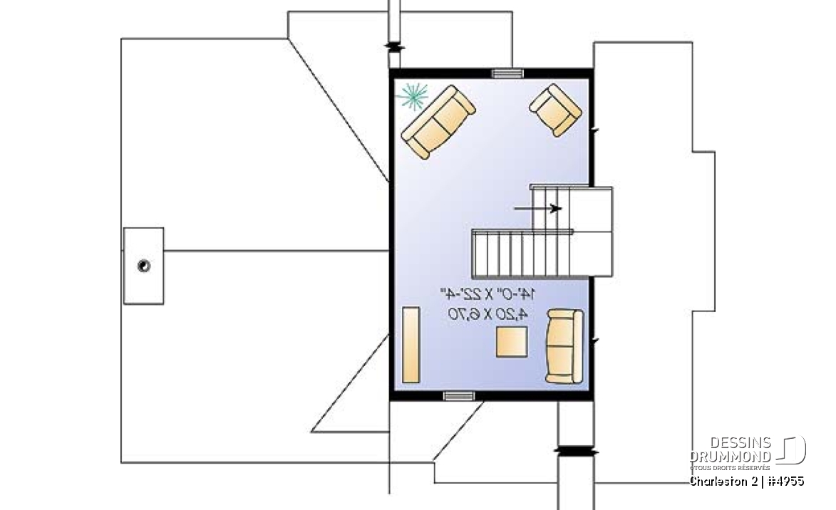 Étage - Plan de chalet de ski avec planchers inversés: chambre des maîtres et espaces communs à l'étage - Charleston 2
