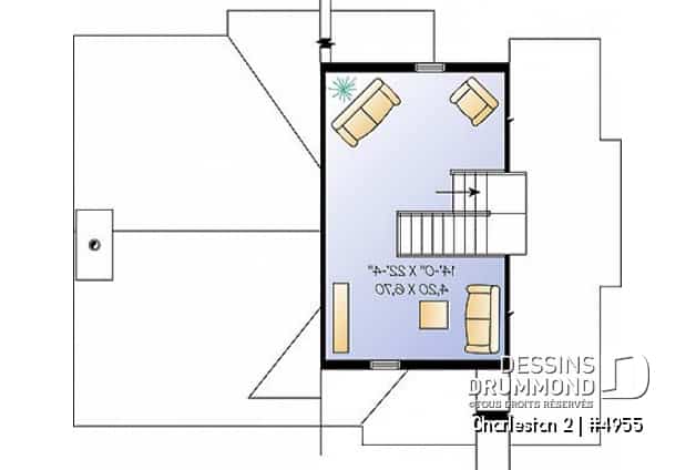 Étage - Plan de chalet de ski avec planchers inversés: chambre des maîtres et espaces communs à l'étage - Charleston 2