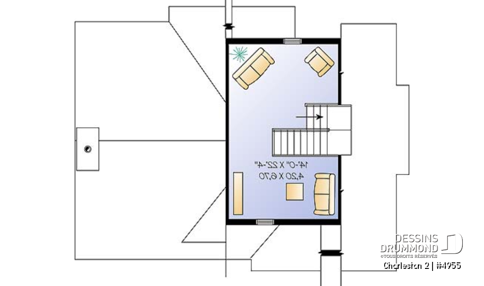 Étage - Plan de chalet de ski avec planchers inversés: chambre des maîtres et espaces communs à l'étage - Charleston 2