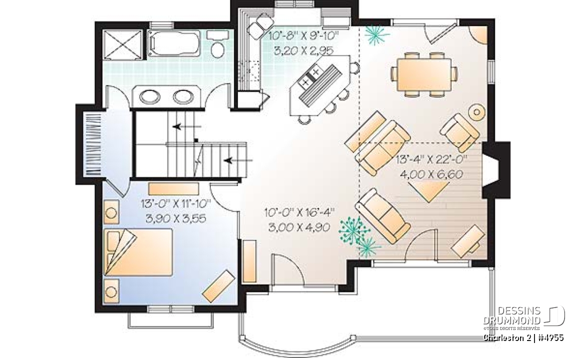 Rez-de-chaussée - Plan de chalet de ski avec planchers inversés: chambre des maîtres et espaces communs à l'étage - Charleston 2