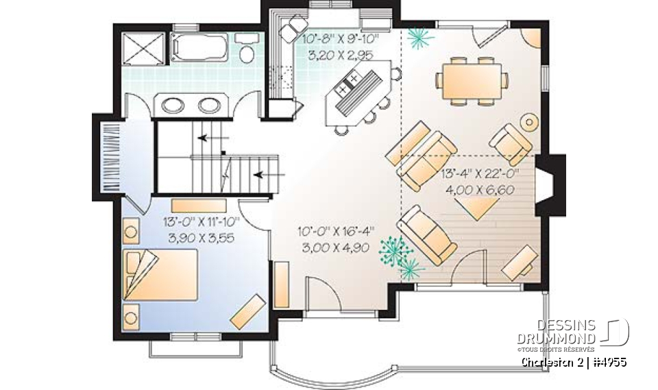Rez-de-chaussée - Plan de chalet de ski avec planchers inversés: chambre des maîtres et espaces communs à l'étage - Charleston 2