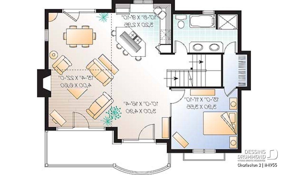 Rez-de-chaussée - Plan de chalet de ski avec planchers inversés: chambre des maîtres et espaces communs à l'étage - Charleston 2