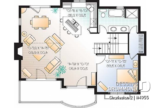 Rez-de-chaussée - Plan de chalet de ski avec planchers inversés: chambre des maîtres et espaces communs à l'étage - Charleston 2