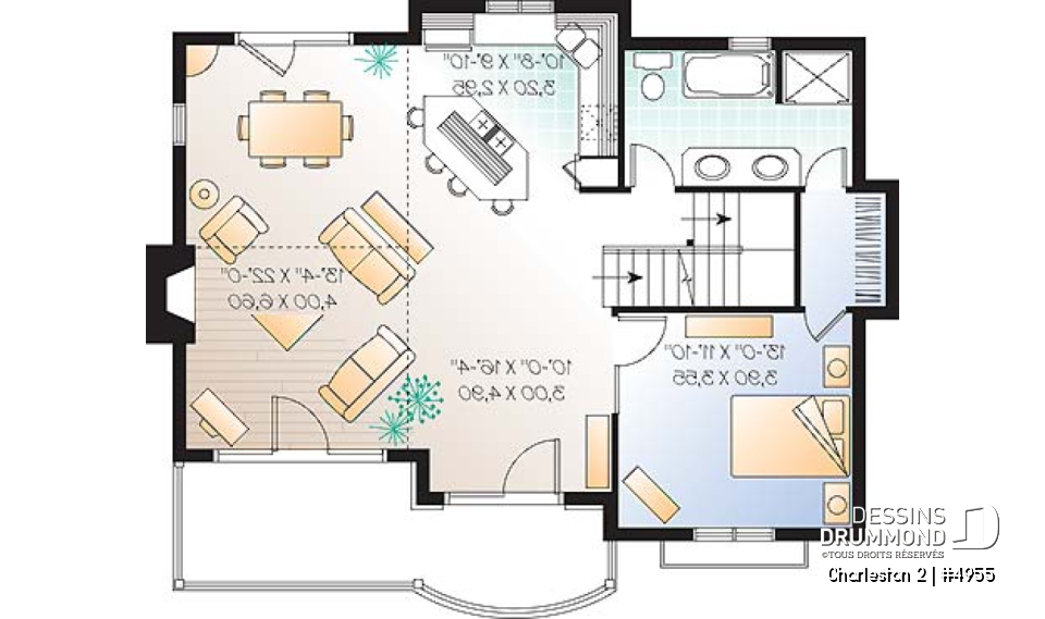 Rez-de-chaussée - Plan de chalet de ski avec planchers inversés: chambre des maîtres et espaces communs à l'étage - Charleston 2