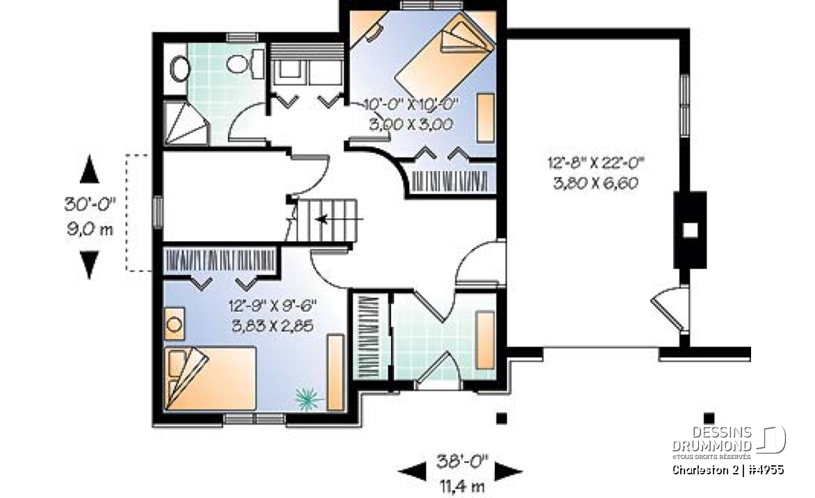 Sous-sol - Plan de chalet de ski avec planchers inversés: chambre des maîtres et espaces communs à l'étage - Charleston 2