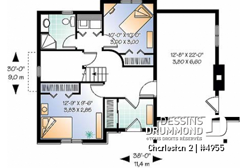 Sous-sol - Plan de chalet de ski avec planchers inversés: chambre des maîtres et espaces communs à l'étage - Charleston 2