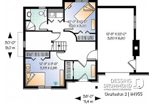 Sous-sol - Plan de chalet de ski avec planchers inversés: chambre des maîtres et espaces communs à l'étage - Charleston 2