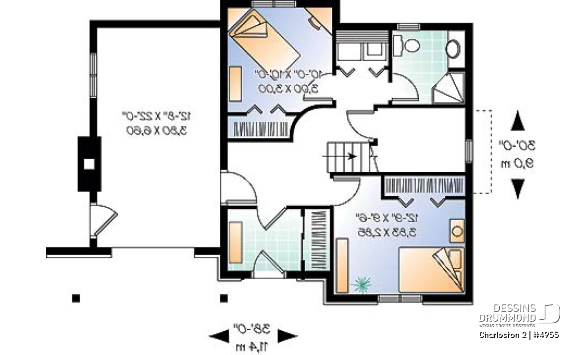 Sous-sol - Plan de chalet de ski avec planchers inversés: chambre des maîtres et espaces communs à l'étage - Charleston 2