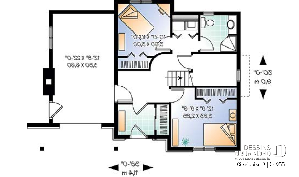 Sous-sol - Plan de chalet de ski avec planchers inversés: chambre des maîtres et espaces communs à l'étage - Charleston 2