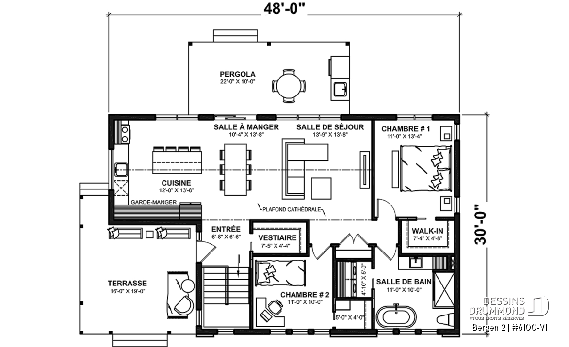 Rez-de-chaussée - Plan de maison 2 chambres, plafond cathédral, grande terrasse abritée, Scandinave, sous-sol non fini - Bergen 2