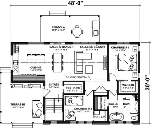 Rez-de-chaussée - Plan de maison 2 chambres, plafond cathédral, grande terrasse abritée, Scandinave, sous-sol non fini - Bergen 2