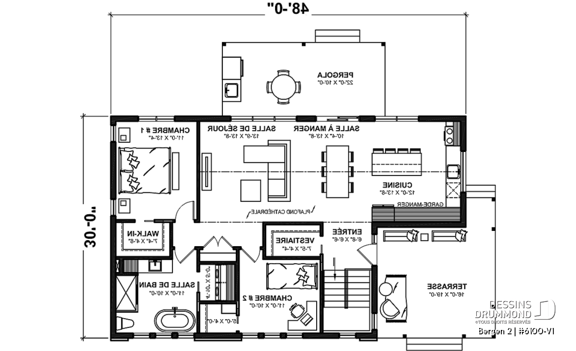 Rez-de-chaussée - Plan de maison 2 chambres, plafond cathédral, grande terrasse abritée, Scandinave, sous-sol non fini - Bergen 2