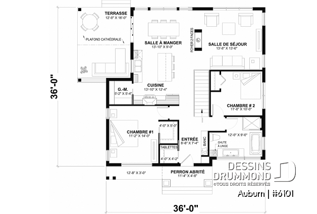 Rez-de-chaussée du plan de maison unifamiliale 6101 Rez-de-chaussée - Plan de maison avec superbe terrasse abritée, aire ouverte, 3 chambres avec sous-sol aménagé - Auburn