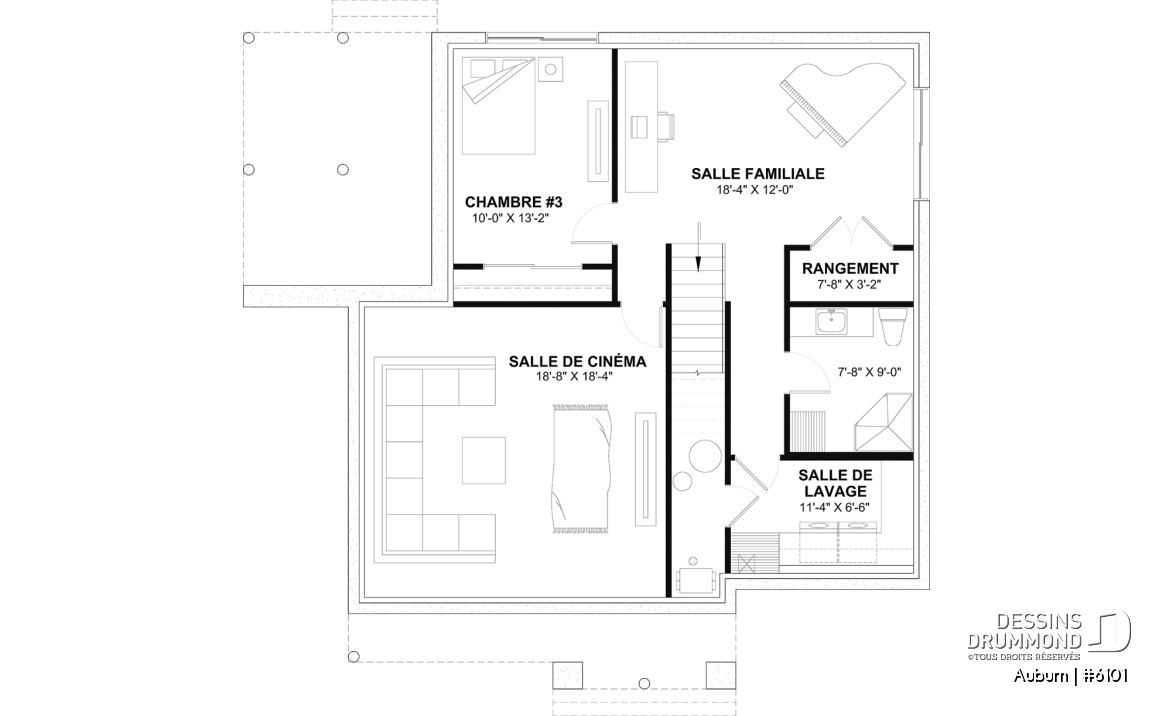 Sous-sol aménagé (Optionel $) - Plan de maison avec superbe terrasse abritée, foyer double face, 3 chambres avec sous-sol aménagé optionnel - Auburn