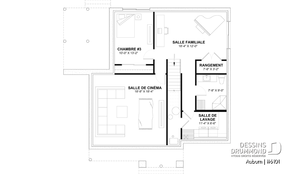 Sous-sol aménagé (Optionel $) - Plan de maison avec superbe terrasse abritée, foyer double face, 3 chambres avec sous-sol aménagé optionnel - Auburn