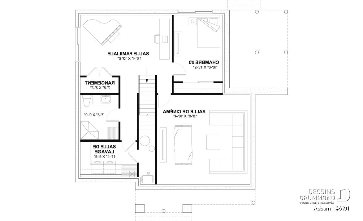 Sous-sol aménagé (Optionel $) - Plan de maison avec superbe terrasse abritée, foyer double face, 3 chambres avec sous-sol aménagé optionnel - Auburn