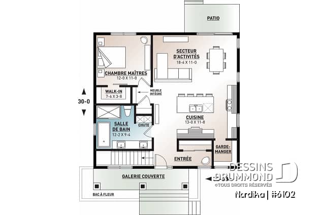 Rez-de-chaussée - Plan petit bungalow abordable, 1 à 3 chambres, 1-2 salles de bain, chute à linge, grande cuisine, air ouverte - Nordika