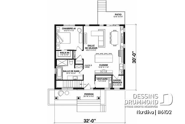 Rez-de-chaussée - Plan petit bungalow abordable, 1 à 3 chambres, 1-2 salles de bain, chute à linge, grande cuisine, air ouverte - Nordika