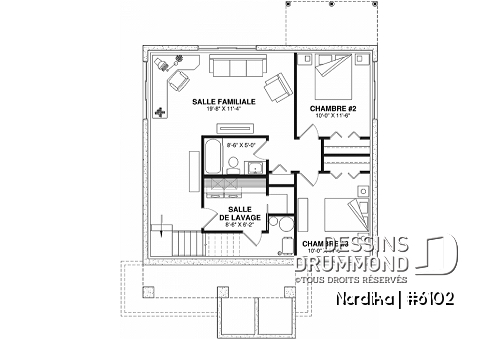 Sous-sol - Plan petit bungalow abordable, 1 à 3 chambres, 1-2 salles de bain, chute à linge, grande cuisine, air ouverte - Nordika