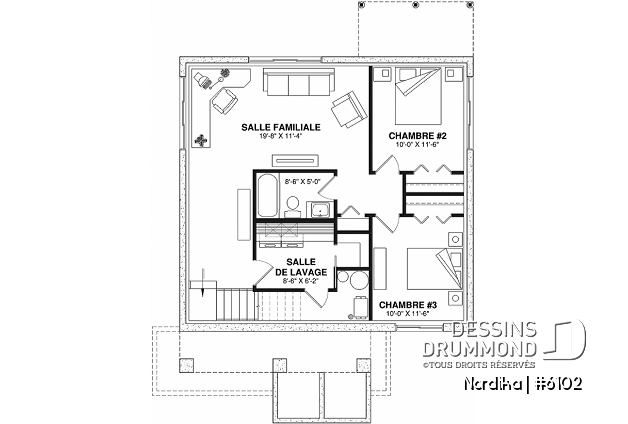 Sous-sol aménagé - Plan petit bungalow abordable, 1 à 3 chambres, 1-2 salles de bain, chute à linge, grande cuisine, air ouverte - Nordika