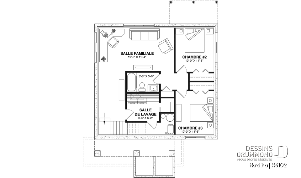 Sous-sol aménagé (Optionel $) - Modèle NORDIKA (6102) : bungalow farmhouse moderne avec 1 à 3 chambres et sous-sol optionnel - Nordika