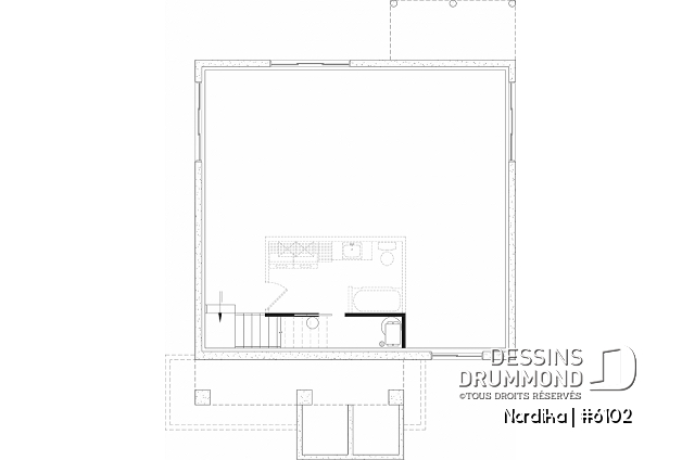 Sous-sol aménageable - Plan petit bungalow abordable, 1 à 3 chambres, 1-2 salles de bain, chute à linge, grande cuisine, air ouverte - Nordika