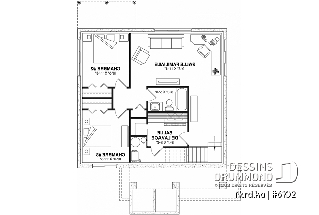 Sous-sol - Plan petit bungalow abordable, 1 à 3 chambres, 1-2 salles de bain, chute à linge, grande cuisine, air ouverte - Nordika