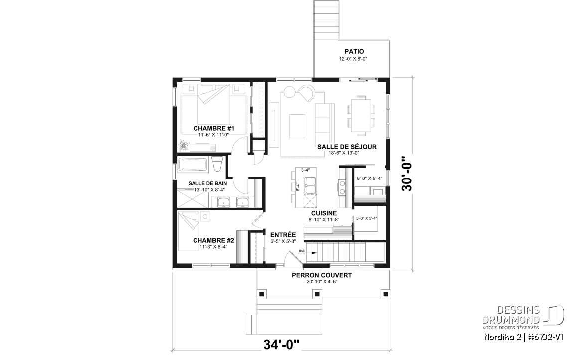 Rez-de-chaussée - Plan de maison moderne rustique abordable avec 2 à 4 chambres et vaste aire ouverte lumineuse - Nordika 2