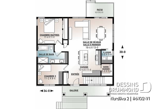Rez-de-chaussée - Plan petite maison 2 chambres, abordable, aire ouverte, grande cuisine avec îlot et garde-manger - Nordika 2