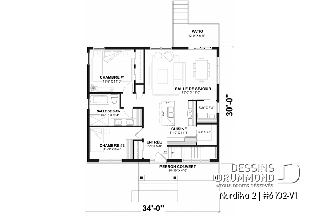 Rez-de-chaussée - Plan petite maison 2 chambres, abordable, aire ouverte, grande cuisine avec îlot et garde-manger - Nordika 2