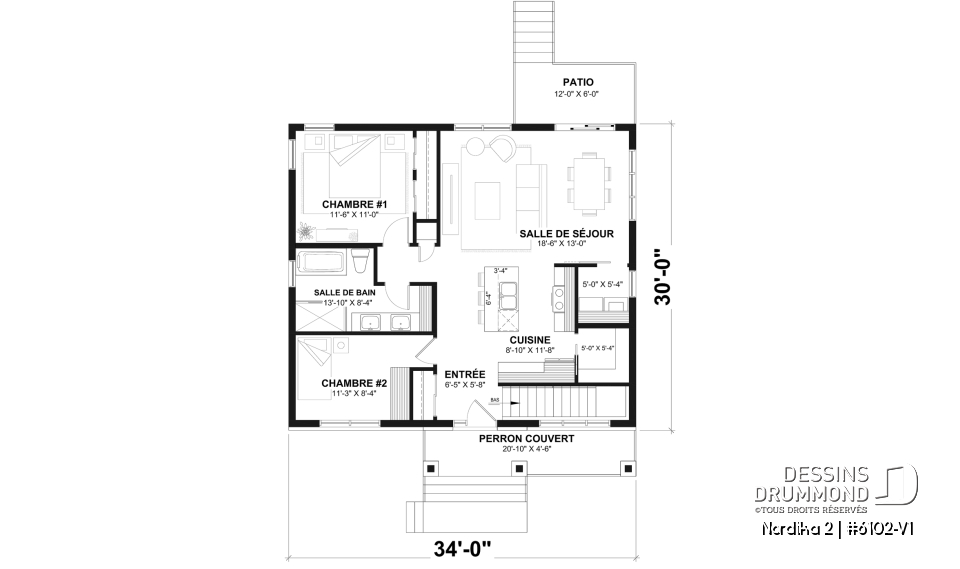 Rez-de-chaussée - Plan de maison moderne rustique abordable avec 2 à 4 chambres et vaste aire ouverte lumineuse - Nordika 2