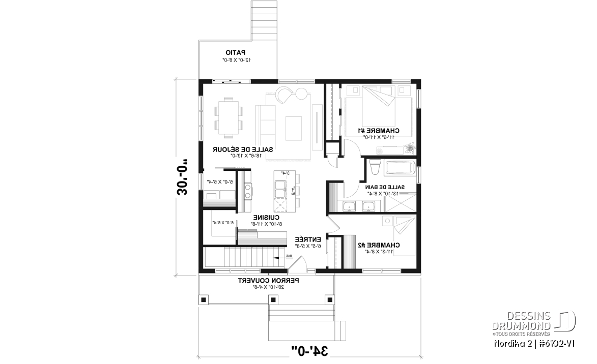 Rez-de-chaussée - Plan de maison moderne rustique abordable avec 2 à 4 chambres et vaste aire ouverte lumineuse - Nordika 2