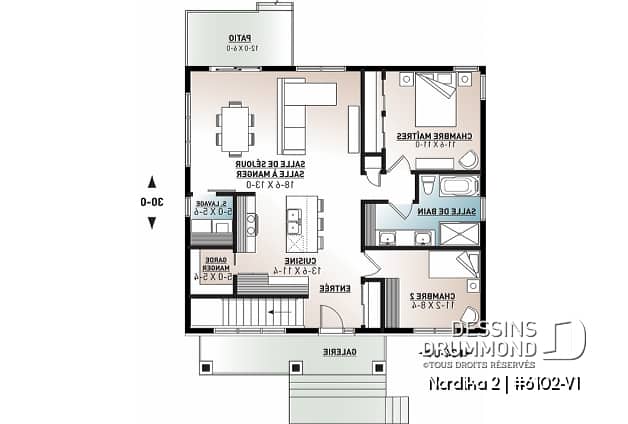Rez-de-chaussée - Plan petite maison 2 chambres, abordable, aire ouverte, grande cuisine avec îlot et garde-manger - Nordika 2