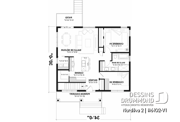 Rez-de-chaussée - Plan petite maison 2 chambres, abordable, aire ouverte, grande cuisine avec îlot et garde-manger - Nordika 2