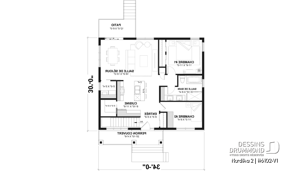 Rez-de-chaussée - Plan de maison moderne rustique abordable avec 2 à 4 chambres et vaste aire ouverte lumineuse - Nordika 2