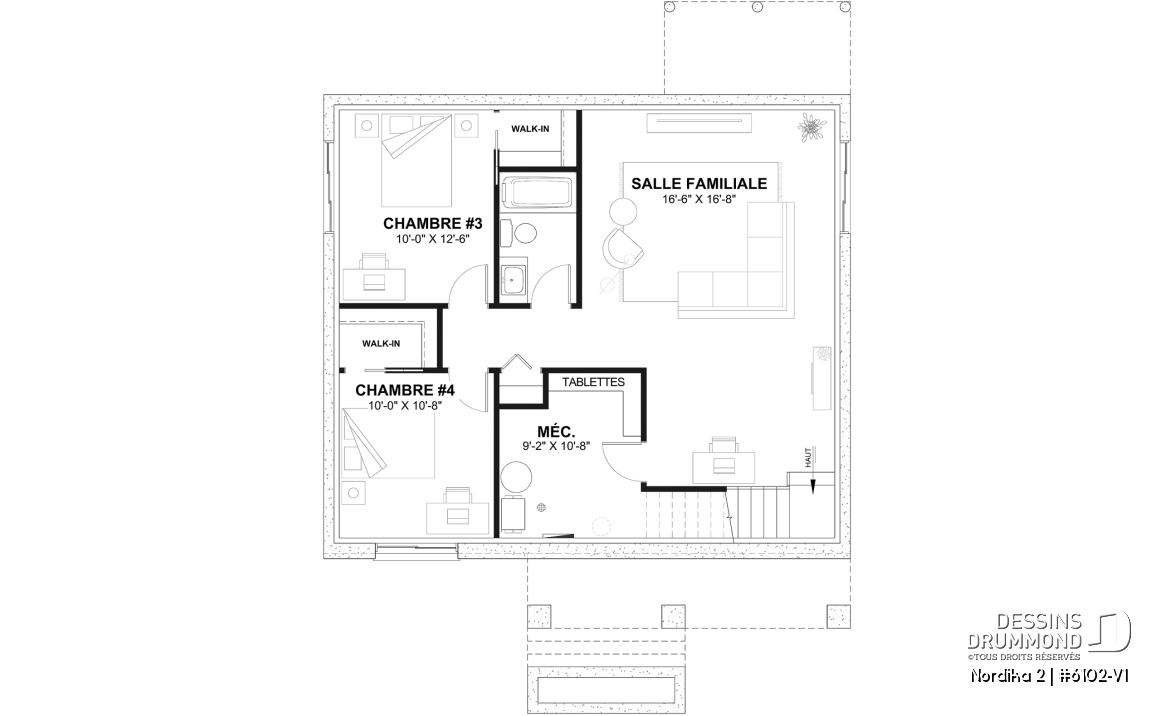 Sous-sol aménagé (Optionel $) - Plan de maison moderne rustique abordable avec 2 à 4 chambres et vaste aire ouverte lumineuse - Nordika 2