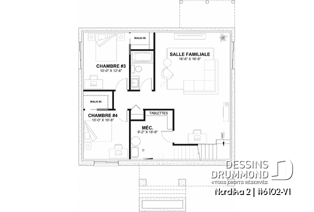 Sous-sol aménagé (Optionel $) - Plan petite maison 2 chambres, abordable, aire ouverte, grande cuisine avec îlot et garde-manger - Nordika 2