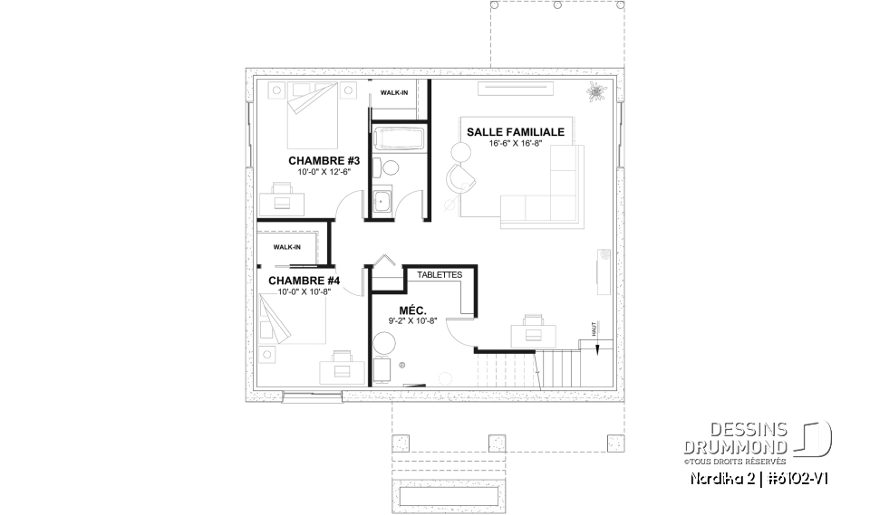 Sous-sol aménagé (Optionel $) - Plan de maison moderne rustique abordable avec 2 à 4 chambres et vaste aire ouverte lumineuse - Nordika 2