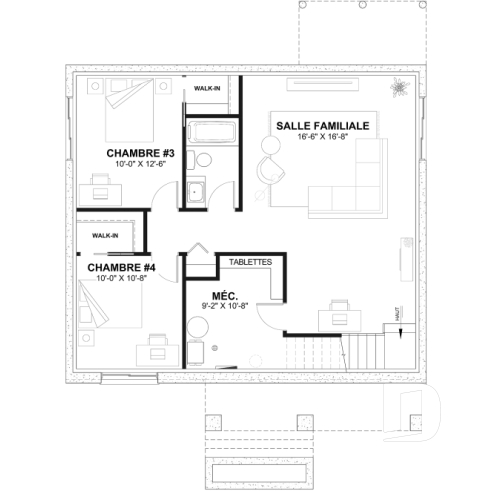 Sous-sol aménagé (Optionel $) - Plan de maison moderne rustique abordable avec 2 à 4 chambres et vaste aire ouverte lumineuse - Nordika 2