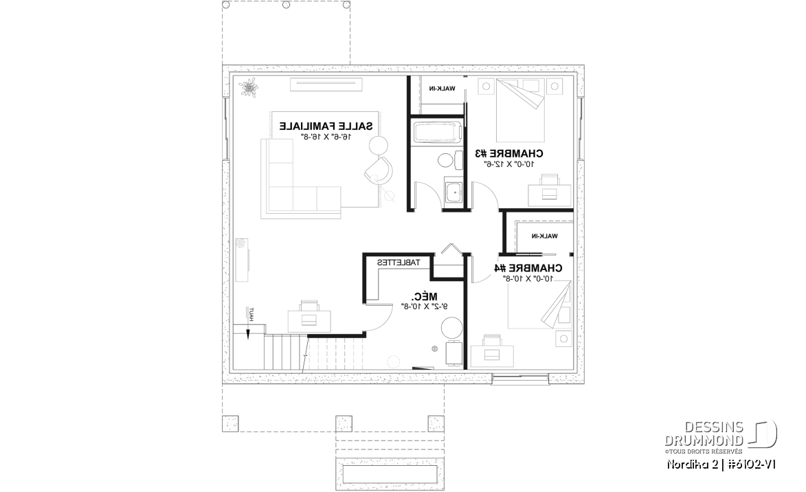 Sous-sol aménagé (Optionel $) - Plan de maison moderne rustique abordable avec 2 à 4 chambres et vaste aire ouverte lumineuse - Nordika 2