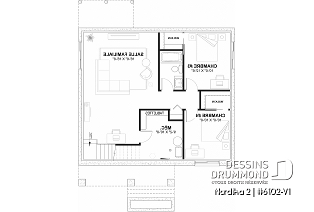 Sous-sol aménagé (Optionel $) - Plan petite maison 2 chambres, abordable, aire ouverte, grande cuisine avec îlot et garde-manger - Nordika 2