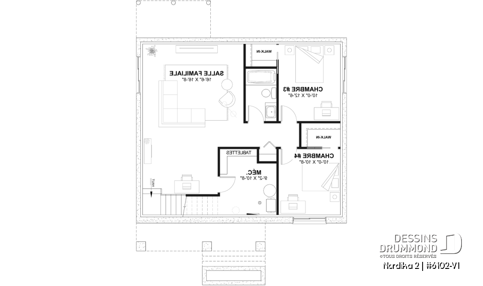 Sous-sol aménagé (Optionel $) - Plan de maison moderne rustique abordable avec 2 à 4 chambres et vaste aire ouverte lumineuse - Nordika 2
