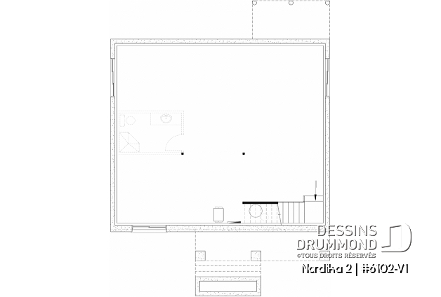 Sous-sol aménageable - Plan petite maison 2 chambres, abordable, aire ouverte, grande cuisine avec îlot et garde-manger - Nordika 2