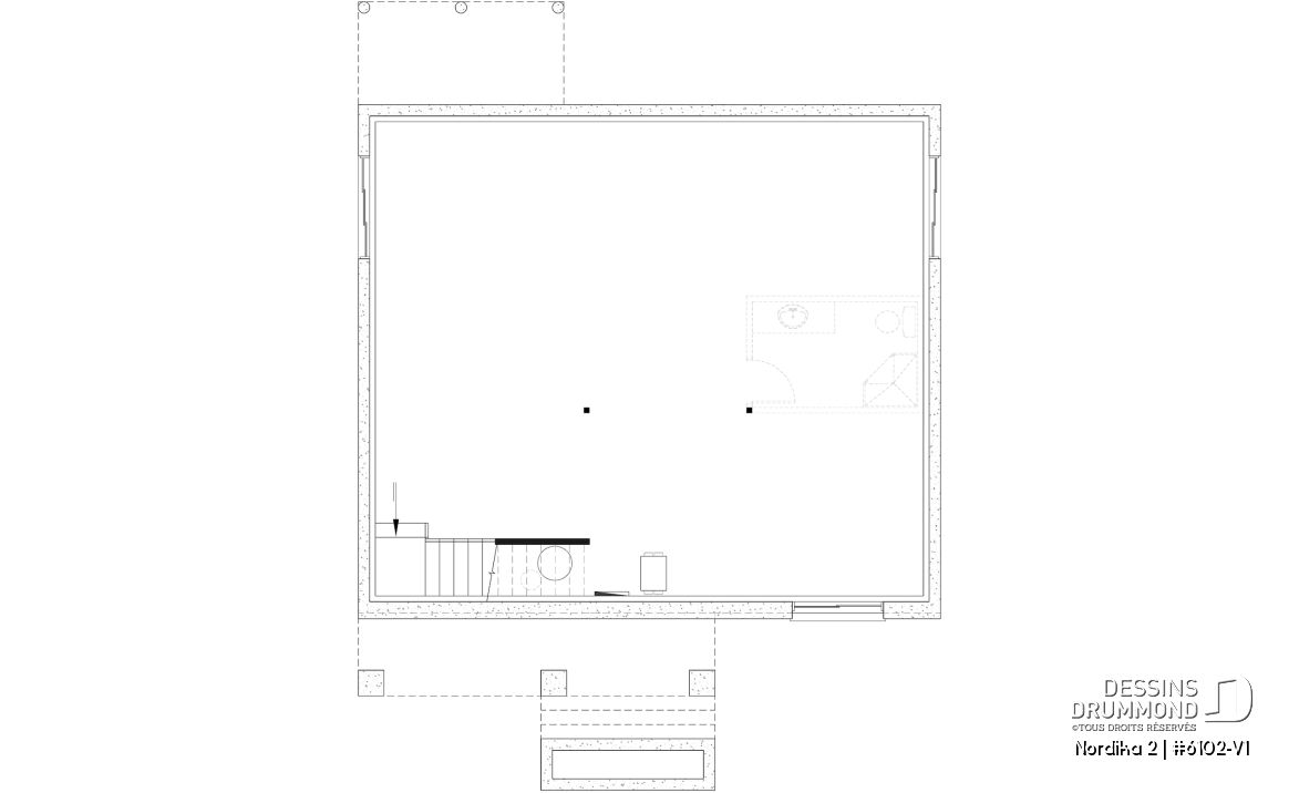 Sous-sol aménageable - Plan de maison moderne rustique abordable avec 2 à 4 chambres et vaste aire ouverte lumineuse - Nordika 2