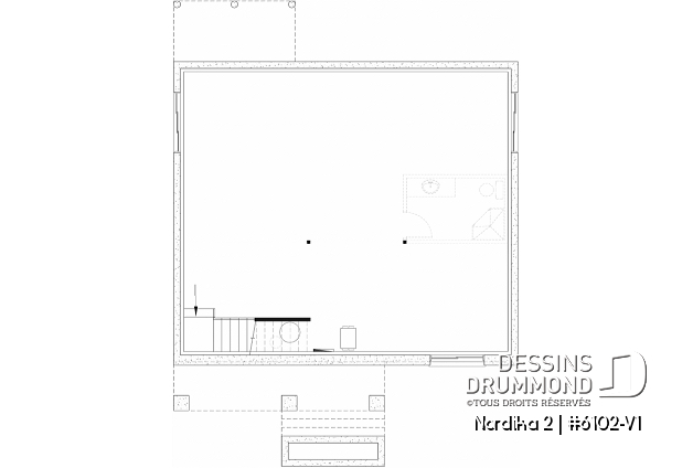 Sous-sol aménageable - Plan petite maison 2 chambres, abordable, aire ouverte, grande cuisine avec îlot et garde-manger - Nordika 2