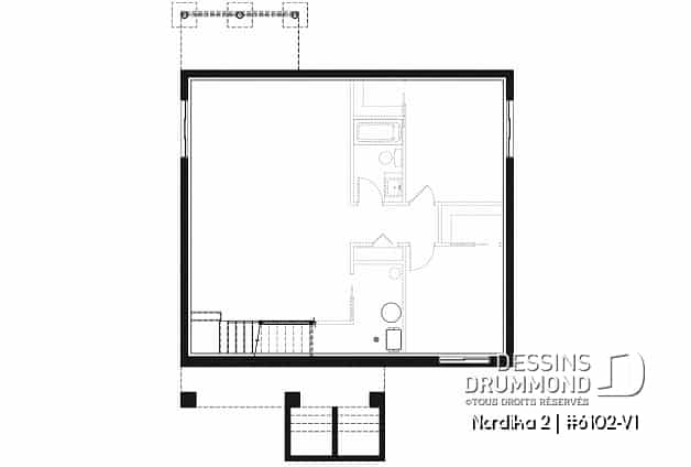 Sous-sol - Plan petite maison 2 chambres, abordable, aire ouverte, grande cuisine avec îlot et garde-manger - Nordika 2