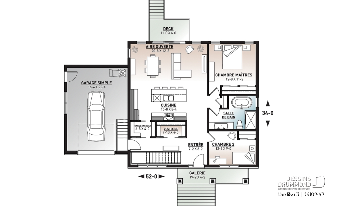 Rez-de-chaussée - Plan de maison plain-pied 2 chambres au même niveau, garage, garde-manger, aire ouverte, superbe cuisine - Nordika 3